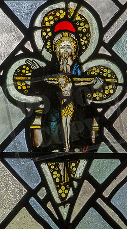 The Trinity: mediaeval glass in the window of the St Alban Roe Chapel, Ampleforth Abbey (formerly in Robert Emmet's chapel, Moreton Paddox, Warwickshire)