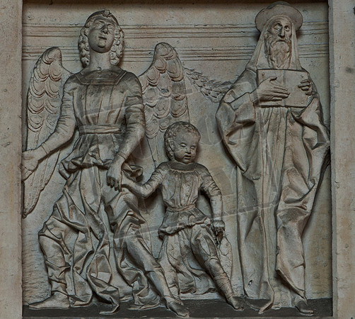 Tobias and the angel Raphael (but no dog): Sarcophagus of Pier Candido Decembrio, Sant'Ambrogio, Milan