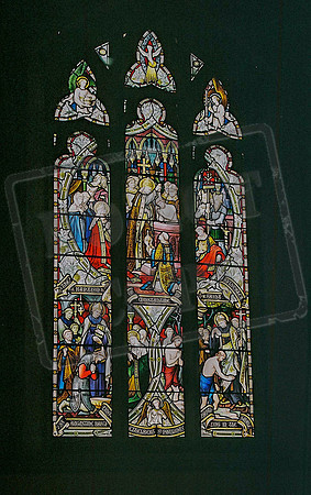 Baptistry window: Top: Pope St Sylvester baptising the Emperor Constantine. Bottom L. - St Augustine baptising King Ethelbert of Kent. Bottom R. - St Paulinus baptising converts in the R. Swale