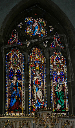Lady Chapel window: Our Lady (centre), with St Anne and St Elizabeth: glass by John Hardman of Birmingham, responsible for the glass throughout the church