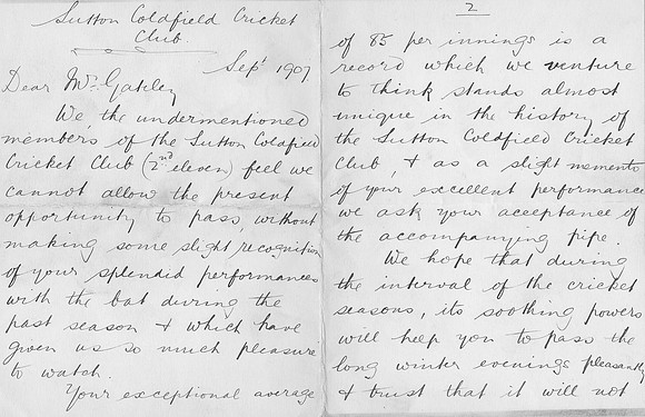 Letter written by George Sharp to A J Gateley, September 1907, and signed by members of the Sutton Coldfield 2nd XI cricket team - page 1