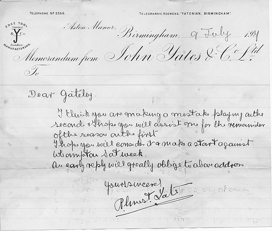 Letter to A J Gateley from R E Yates, captain of Sutton Coldfield Cricket Club's First Team, dated 9th July 1907
