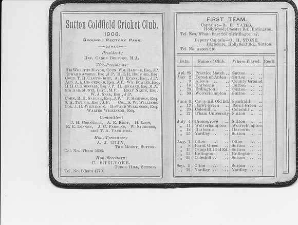 1908 Sutton Coldfield Cricket Club card - 1