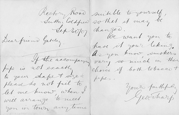 Letter written by George Sharp to A J Gateley, 30th September 1907, accompanying his formal letter signed by members of the Sutton Coldfield 2nd XI cricket team