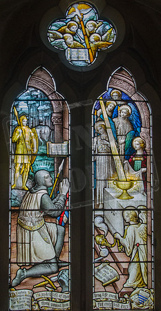 "Flagrant Arthurian imagery" (Pevsner) in St Mary and Corpus Christi, Down Hatherley (by A.L. Moore and Son, 1916)