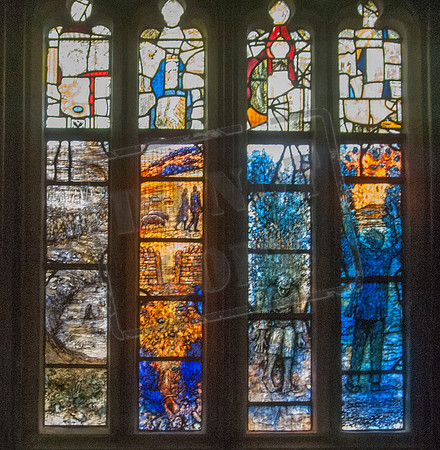 One of two sets of stained glass by Tom Denny (dedicated, 30th April 2014), reflecting the life and art of Ivor Gurney -Lady Chapel, Gloucester Cathedral, North chantry