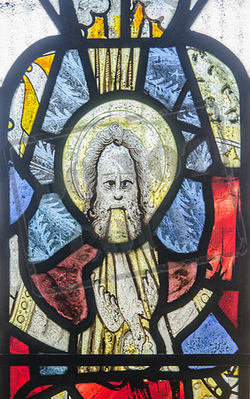 Mediaeval glass fragments in the church of St Katharine, Wormington, Gloucestershire - the Holy Ghost, emanating from the mouth of the Father