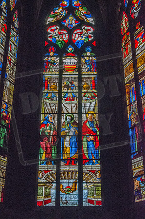 The centre window of the Chapel of St Anne, Auch Cathedral: from left, Jacob; Jonah, and Mark the evangelist (the work of Arnaud de Moles - between 1507 and 1513)