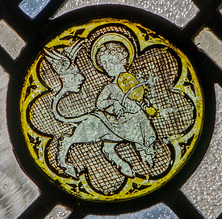 Mediaeval glass in the window of the St Alban Roe Chapel, Ampleforth Abbey (formerly in Robert Emmet's chapel, Moreton Paddox, Warwickshire)